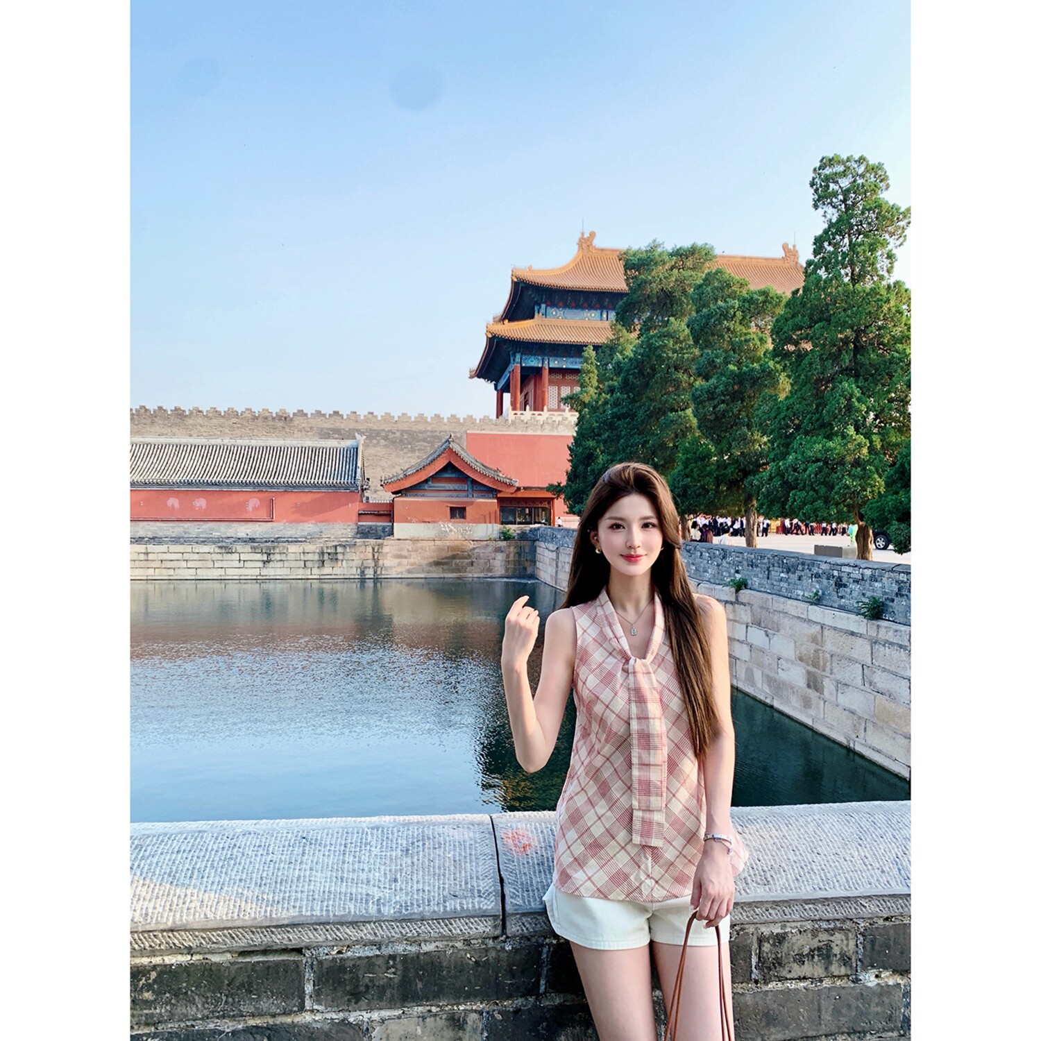 小象【糖渍樱桃】夏季复古红色格子背心V领绑带宽松无袖上衣女