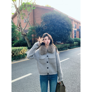 小象【温暖午后】可拆卸貉子毛真毛领加厚针织开衫女保暖毛衣外套