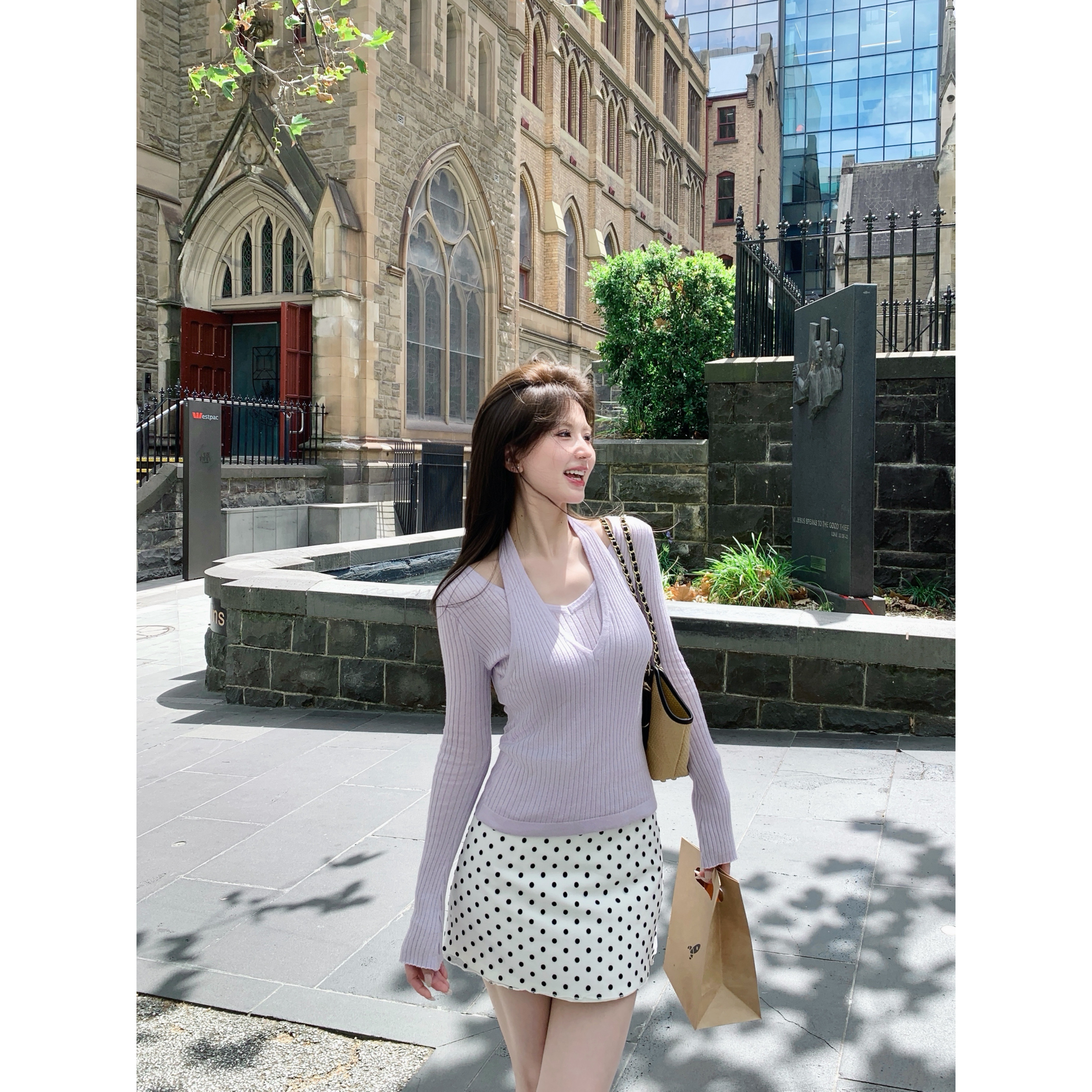 小象【miu点波波】网纱波点雪纺印花西装短裙裤A字半身裙 防走光