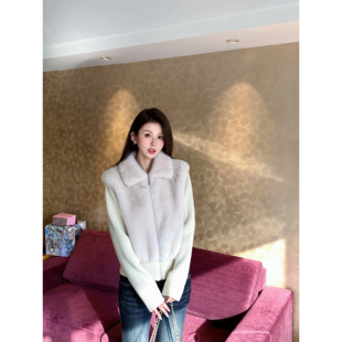 小象【绒间软兔】拼接针织袖翻领双色染尖仿獭兔毛环保皮草外套