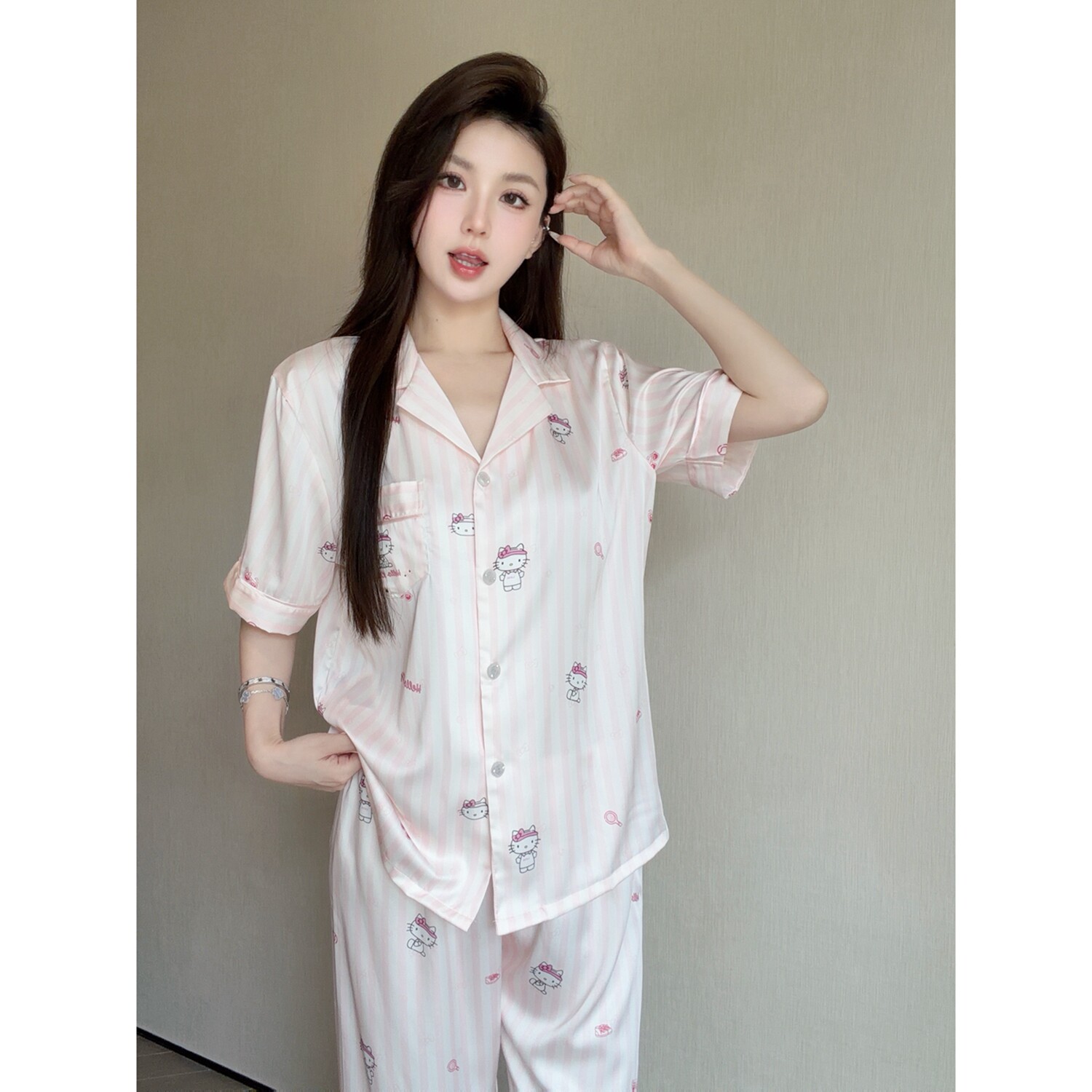 小象【蜜桃小喵】缎面冰丝软糯高级感睡衣套装女长袖+长裤家居服