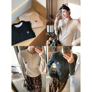 女百搭修身 小象 基础法则 亨利领磨毛纽扣半开领打底衫 内搭 长袖