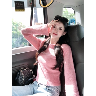 小象【微甜氧气】设计感收腰短款喇叭袖毛衣女显瘦内搭针织衫秋冬