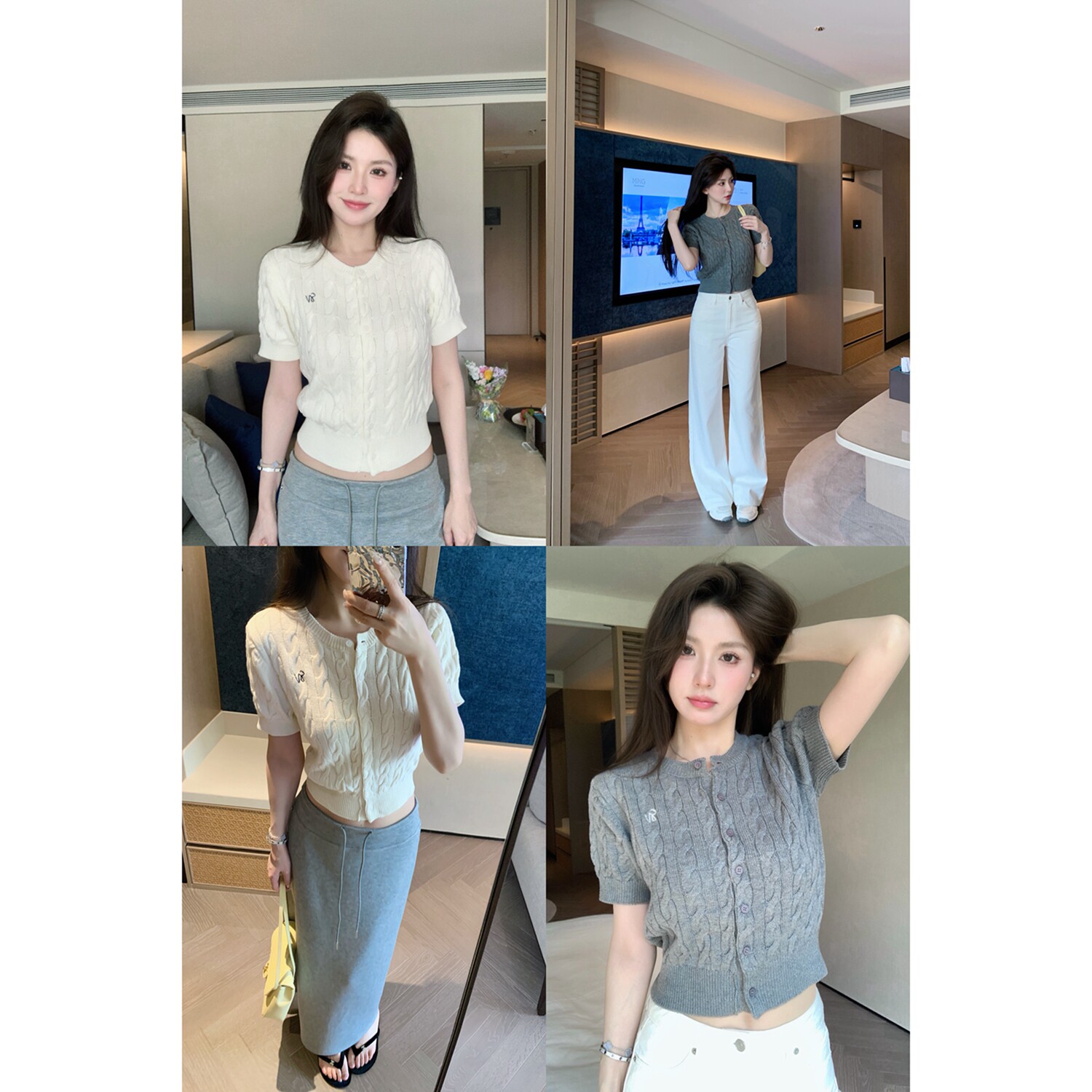 小象【艺术学姐】复古学院风薄款圆领刺绣麻花肌理短款针织衫女