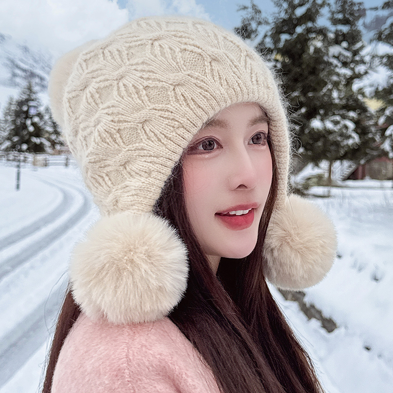 2024新款帽子女秋冬保暖针织帽加绒时尚显脸小骑车防风冬季毛线帽