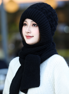 帽子女秋冬季毛线中老人妈妈骑车保暖冬显脸小时尚围巾一体风雪帽