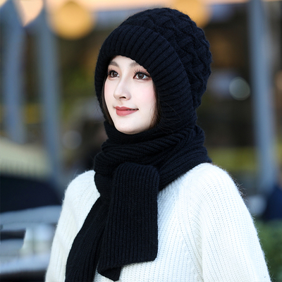 帽子女秋冬季毛线中老人妈妈骑车保暖冬显脸小时尚围巾一体风雪帽