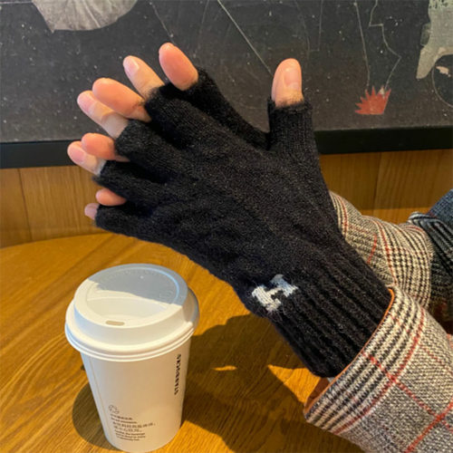 秋冬季手套毛线半指男士