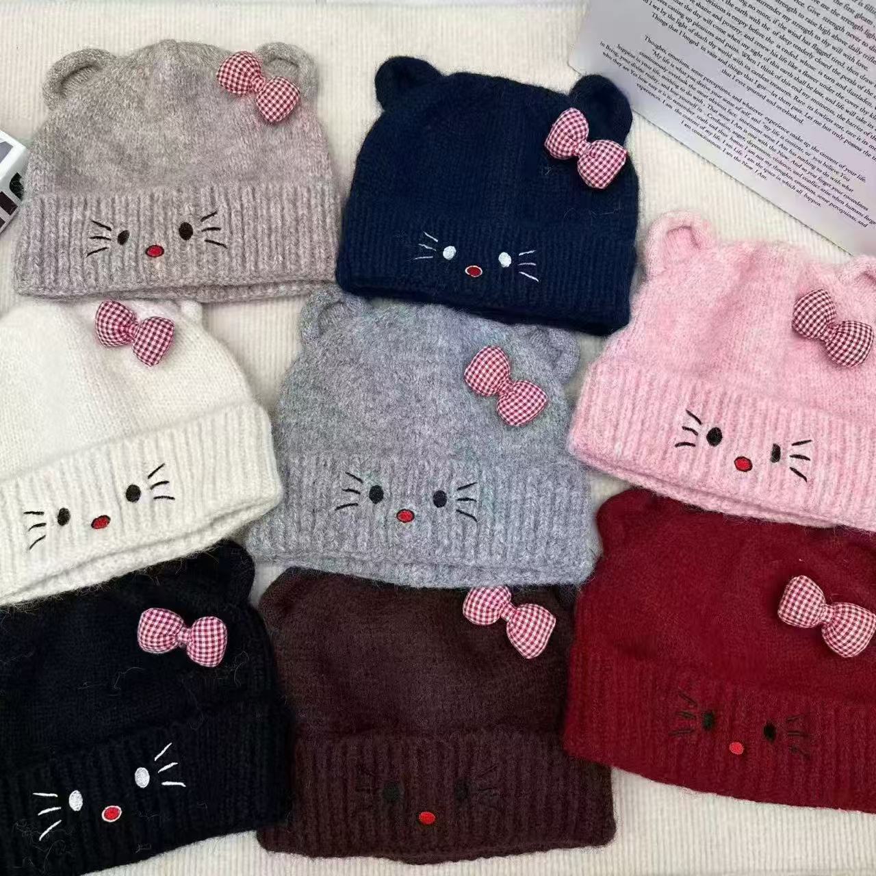 可爱kt猫耳朵蝴蝶结减龄毛线帽女