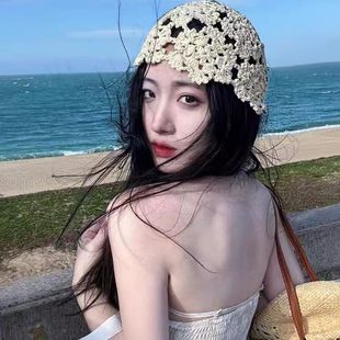 帽子女日系镂空手工钩花套头帽女士复古气质透气针织包头帽韩版潮