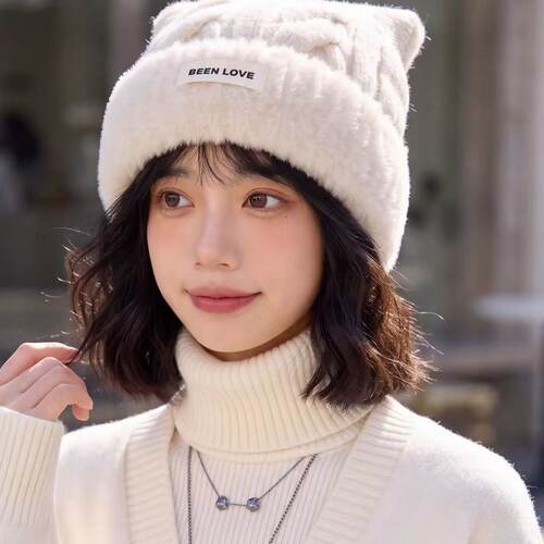 显脸小冷帽女秋冬可爱猫耳朵毛绒帽子2026新款韩系保暖护耳1017e