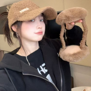 2025秋冬季可扎高马尾鸭舌帽加可拆卸毛绒保暖耳罩休闲空顶帽子女