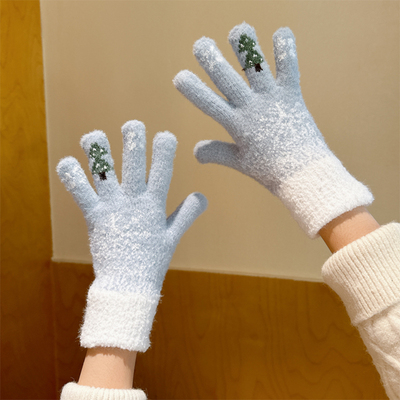今飘蓝色圣诞树手套可触屏毛绒