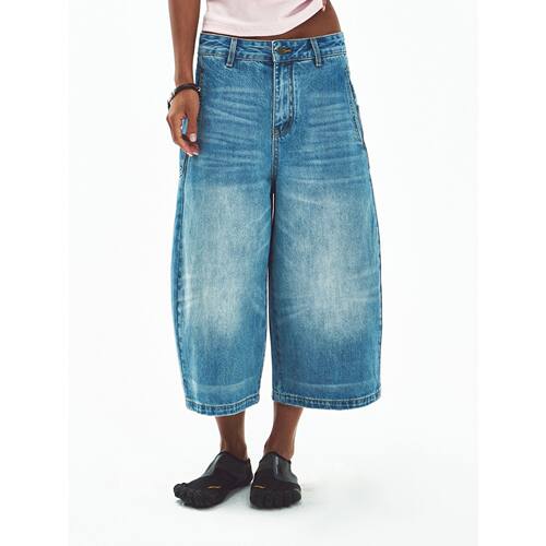 Hello September 复古纯棉水洗茧形解构阔腿低腰七分牛仔裤V60538