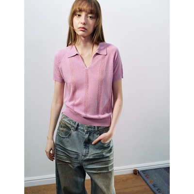 Hello September 天丝亚麻镂空polo领简约纯色针织上衣H60508