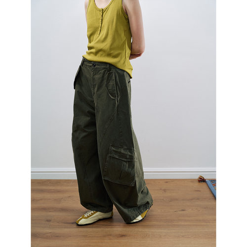 Hello September高腰全棉功能做旧百搭阔腿直筒长款工装裤H60184