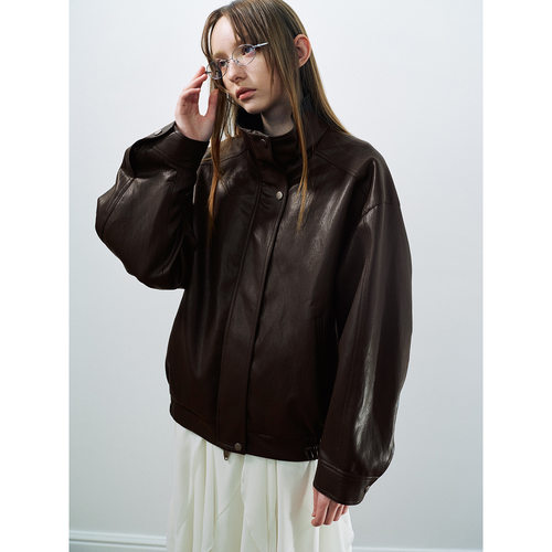 现货Hello September PU立领轻松立领纯色皮衣夹克外套女H60009