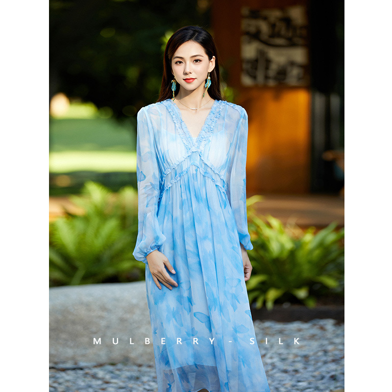 全真丝长袖连衣裙女夏季2025新款100.%桑蚕丝印花v领长裙