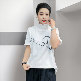 休闲减龄显瘦半袖 大码 t恤女宽松韩版 纯棉半高领春夏季 上衣服 新款