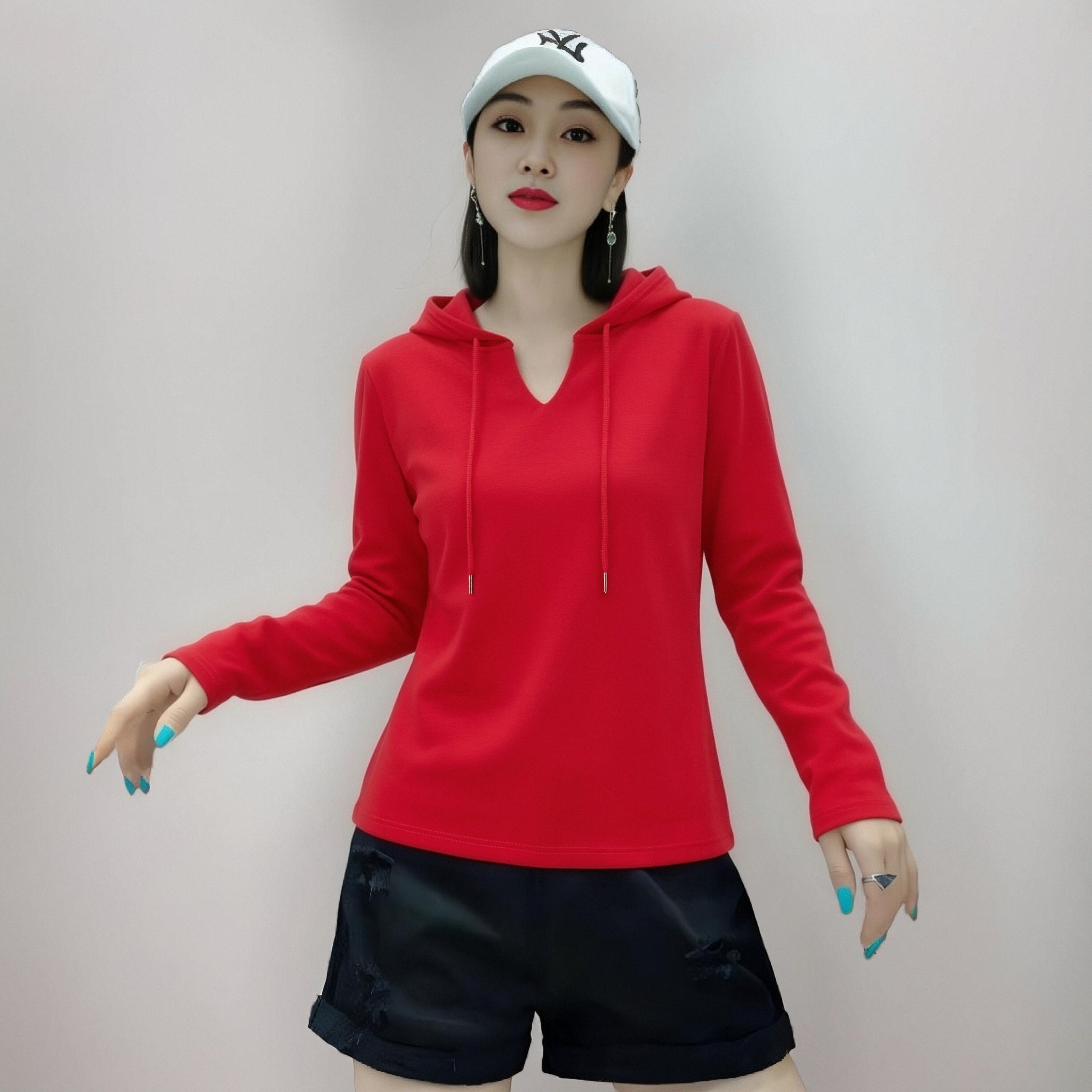 休闲运动连帽长袖T恤女显瘦上衣.图片