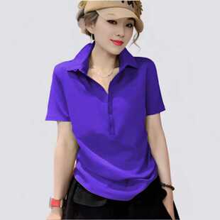 女装 短袖 t恤大码 玫红色新款 体恤衫 立领polo宽松显瘦时尚 时尚 夏季