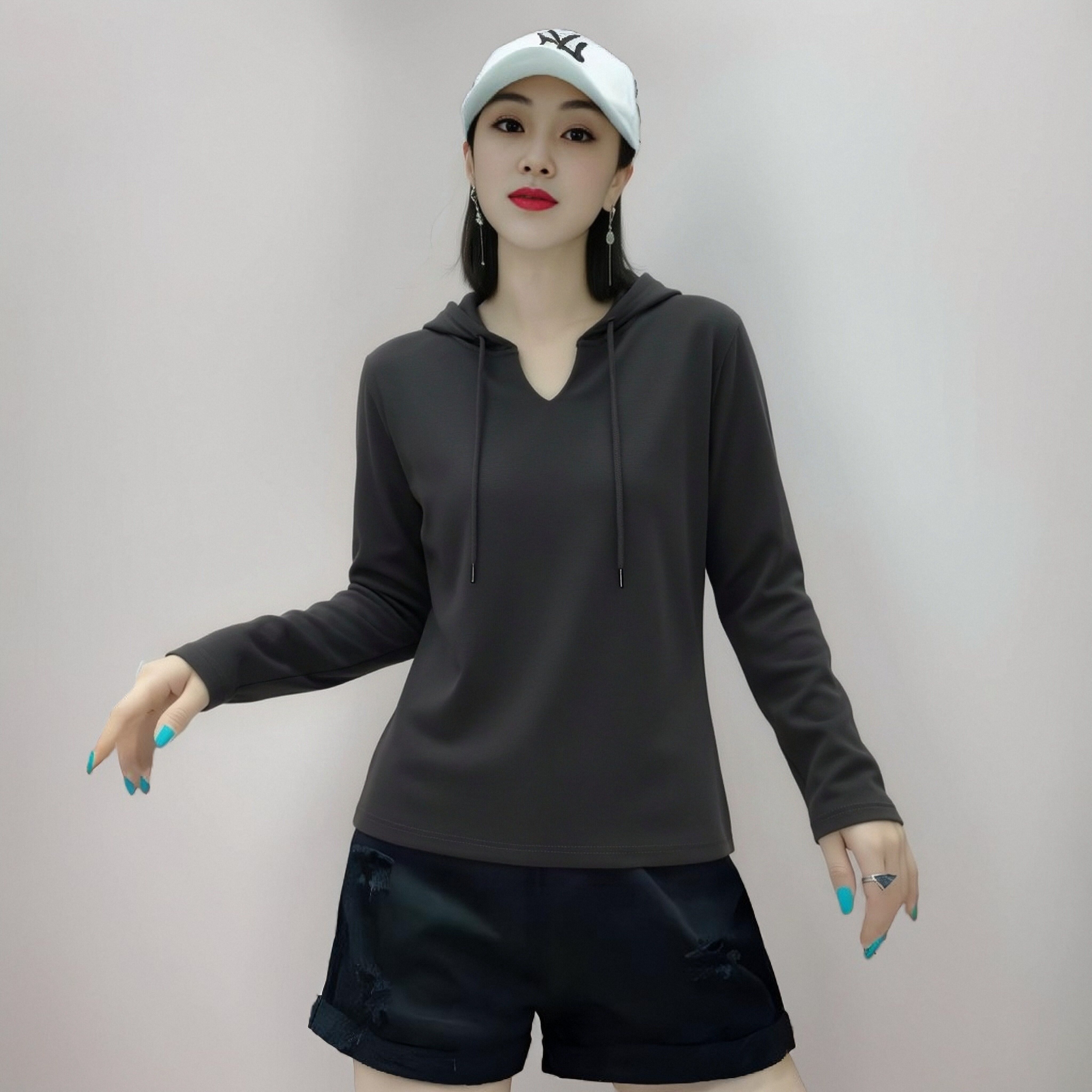 宽松百搭显瘦薄款套头运动休闲风连帽长袖T恤连帽衫女上衣女装潮.图片