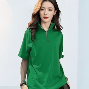 百搭休闲立领T恤气质显瘦欧货上衣甜飒 立领纯棉女衫 夏季 拉链短袖