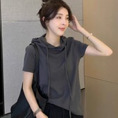 女装 宽松休闲纯棉短袖 2025新款 时尚 t恤女上衣 爆款 连帽卫衣女夏季