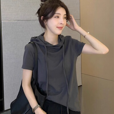 薄款纯棉女宽松短袖连帽