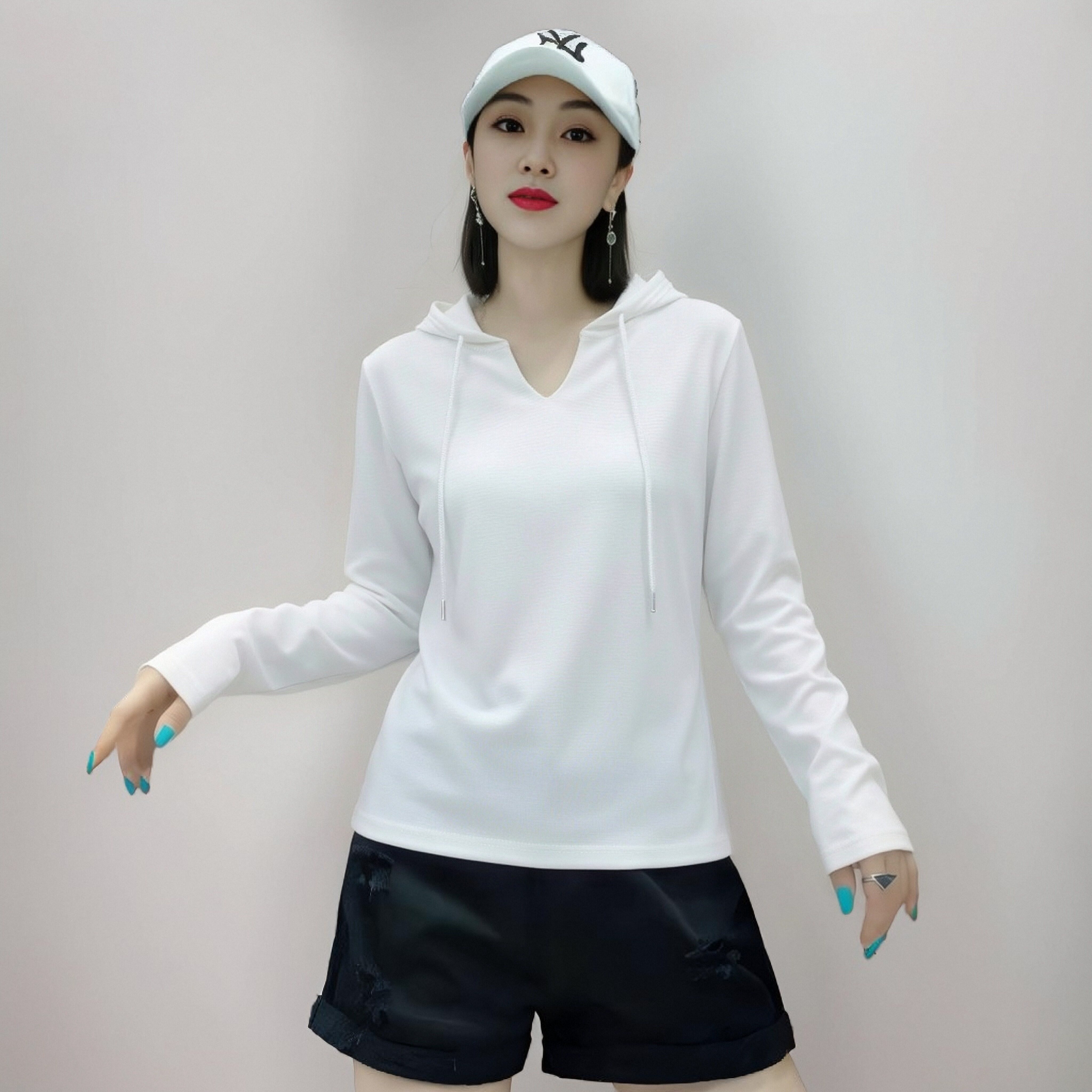 连帽衫女宽松百搭显瘦薄款套头休闲风连帽长袖T恤运动上衣女装潮.图片