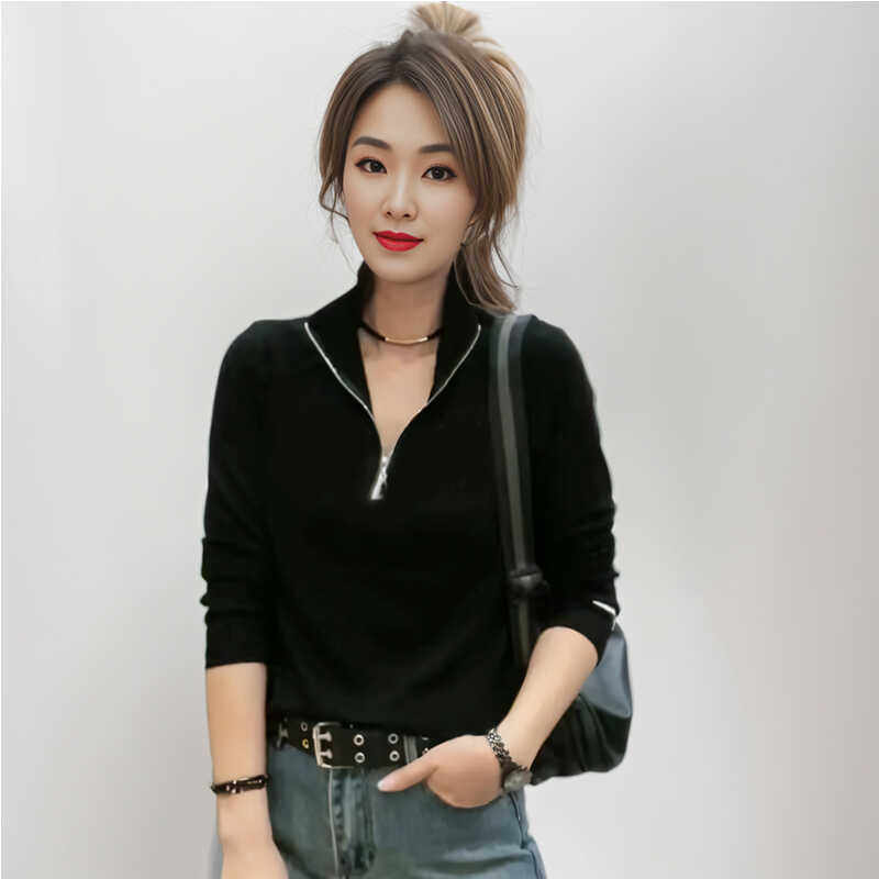 宽松大码高领t恤纯棉个性休闲时尚拉链立领长袖百搭气质女士上衣