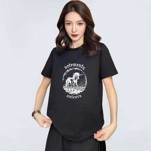 黑色新款短袖t恤女夏季圆领纯棉设计感不规则宽松下摆ins潮流爆款