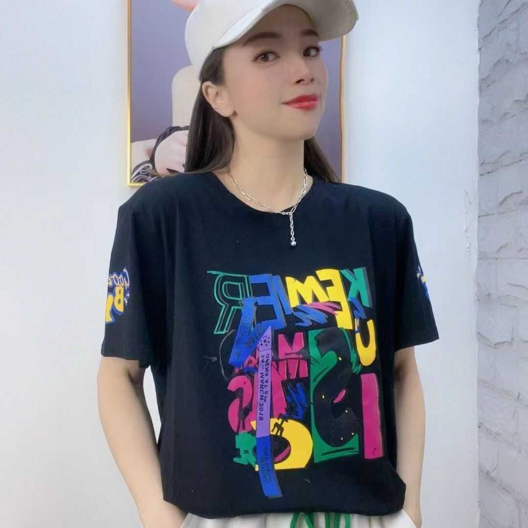 纯棉个性减龄百搭潮上衣网红设计感T恤衫字母宽松显瘦女装广场舞