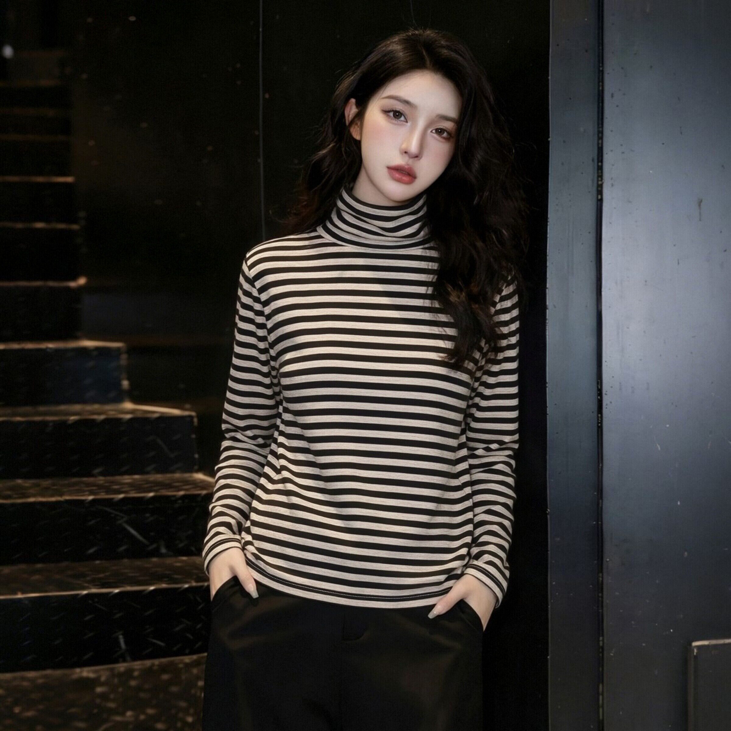 宽松百搭打底衫显瘦休闲风上衣女加绒加厚秋冬条纹高领长袖T恤女.