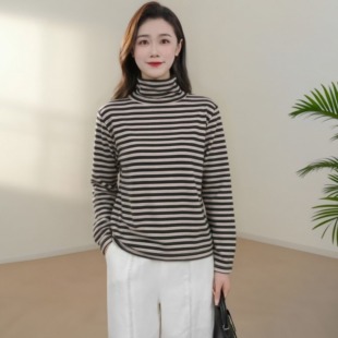 2026年春季常规款休闲风条纹高领长袖T恤女宽松套头打底衫透气女.