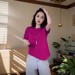 美式正肩圆领复古纯棉短袖t恤女夏季设计感宽松纯色不规则女上衣