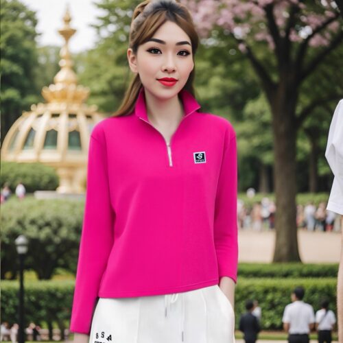 纯棉半拉链立领刺绣女长袖T恤