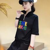 洋气女士立领拉链半袖 夏季 纯棉时尚 上衣宽松潮亲肤印花ins黑色t恤