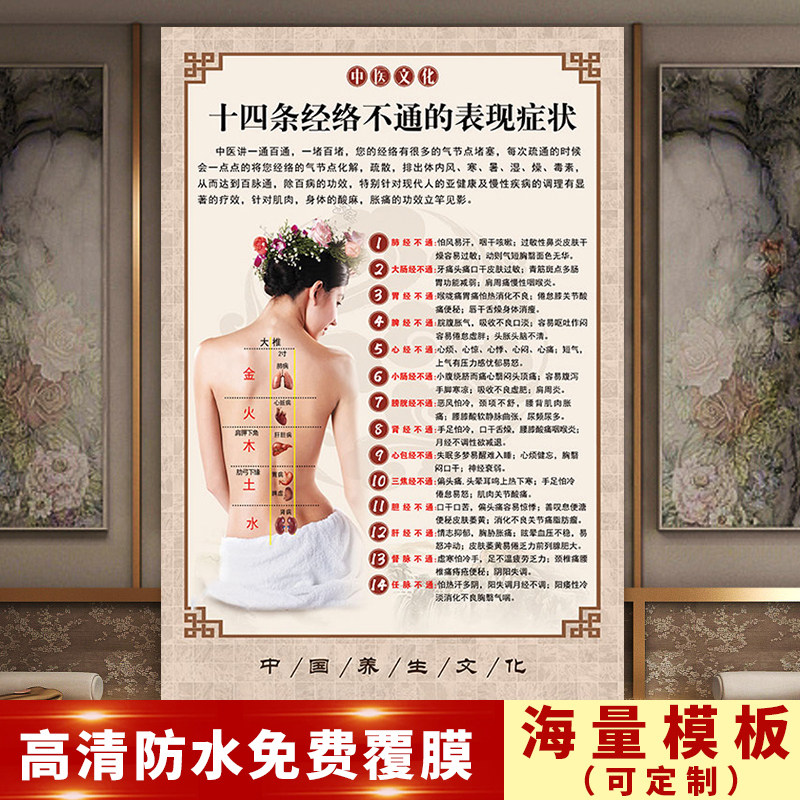 中医十四条经络不通的表现症状推拿艾灸装饰画针灸挂图宣传画墙贴