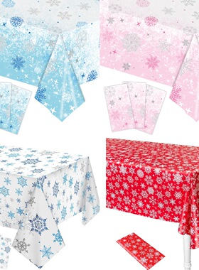 儿童圣诞节冬季装饰一次性塑料防水桌布红色蓝色雪花圣诞派对桌布