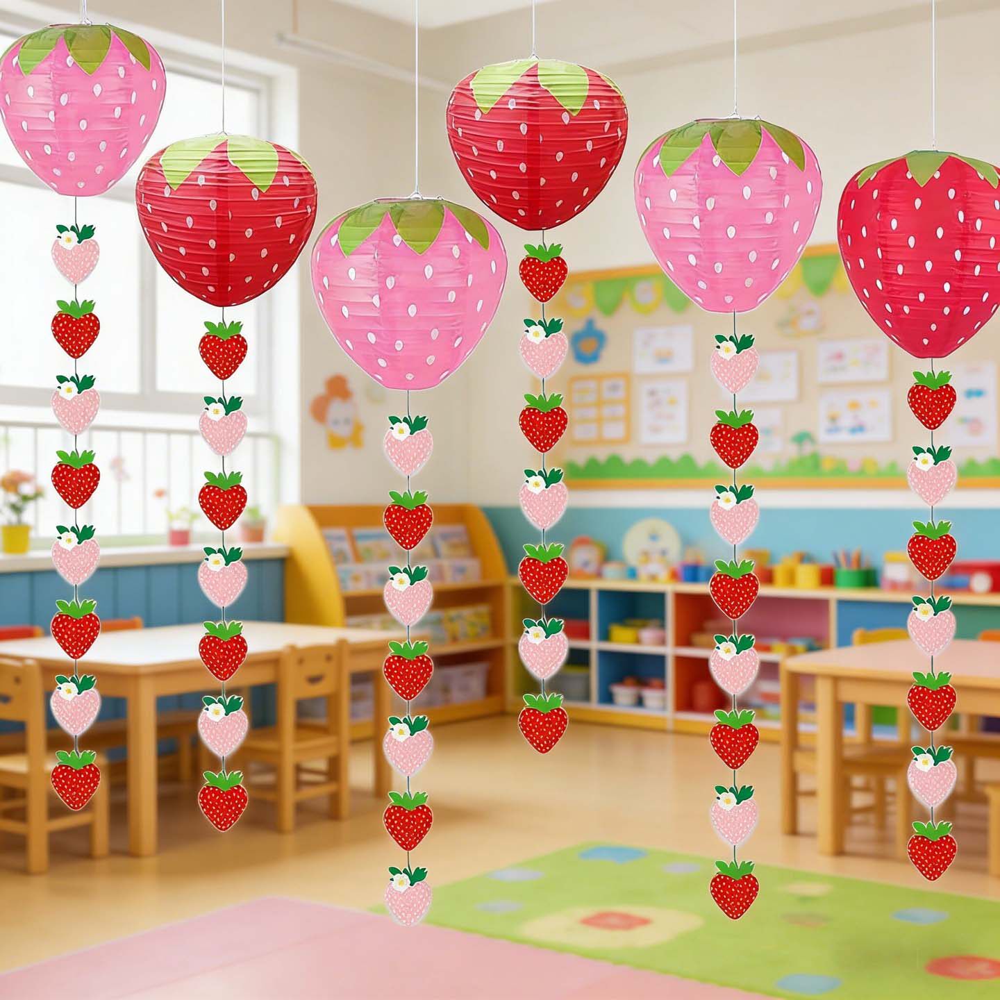 幼儿园教室吊饰大厅春天田园氛围布置装饰用品手工草莓纸灯笼拉花