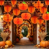 Thanksgiving pumpkin and acorn honeycomb ball pendants, handcrafted paper art decorative items, store autumn festival atmosphere decoration thumbnail 2