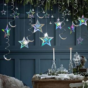 店铺玻璃橱窗节日挂饰镂空五角星镭射螺旋挂饰网红餐厅天花板吊饰