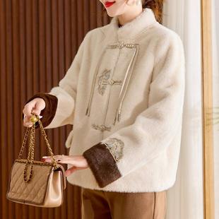妈妈冬装新款水貂绒国风外套中老年女士秋冬皮毛一体短款羊绒大衣