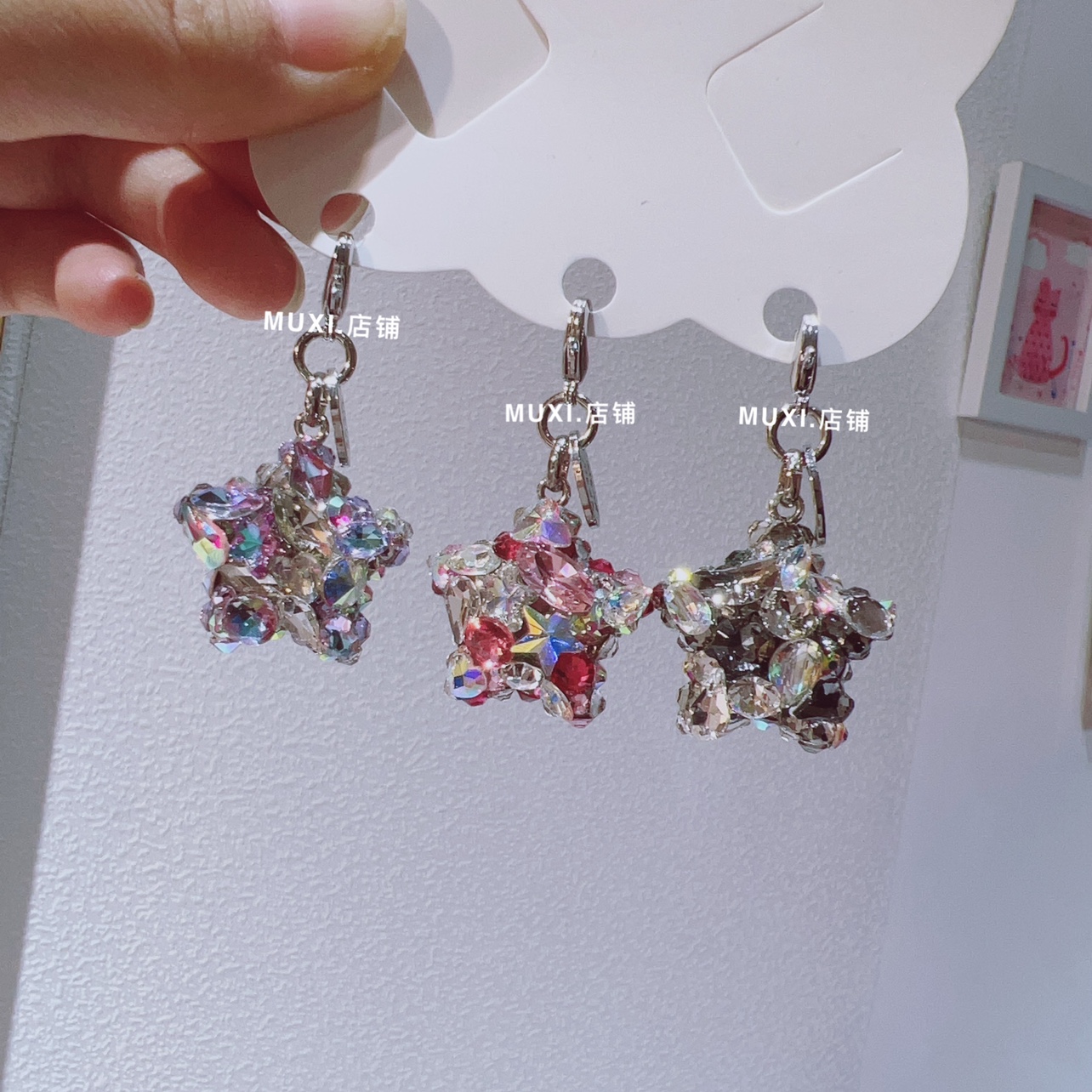 mumu饰品立体k9宝石五角星拉链扣银色吊牌彩色水钻