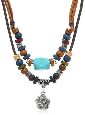 欧美跨境饰品 波西米亚风绿松石项链 复古魅力花朵吊坠多层项饰