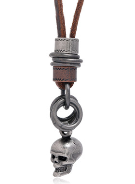 潮酷个性真皮骷髅头吊坠项链