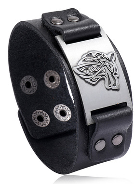 欧美凯尔特狼头牛皮手链