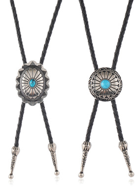 简约新款波西米亚风绿松石花型吊坠波洛领结饰扣可调节项链领带