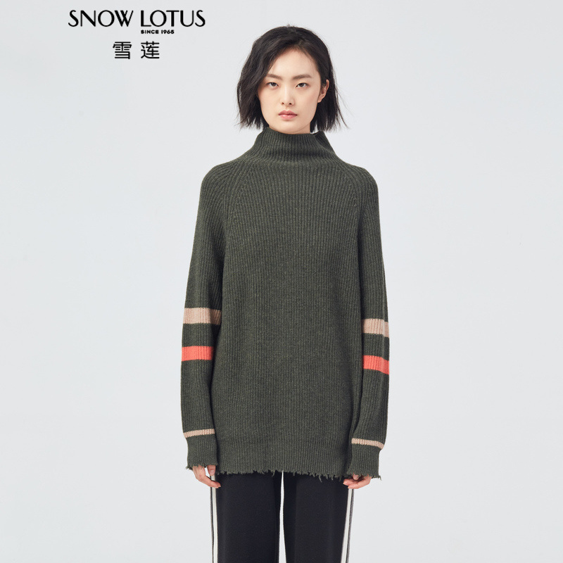 SNOW LOTUS SINCE 1965/雪莲纯山羊绒衫高领长款撞色毛衣女针织衫